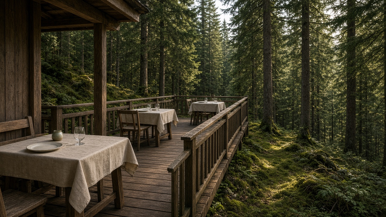 Holzterrasse der Waldwirtschaft am Stadtwald in Freiburg-Günterstal: gedeckte Tische, Tannen, Blickrichtung Schauinsland